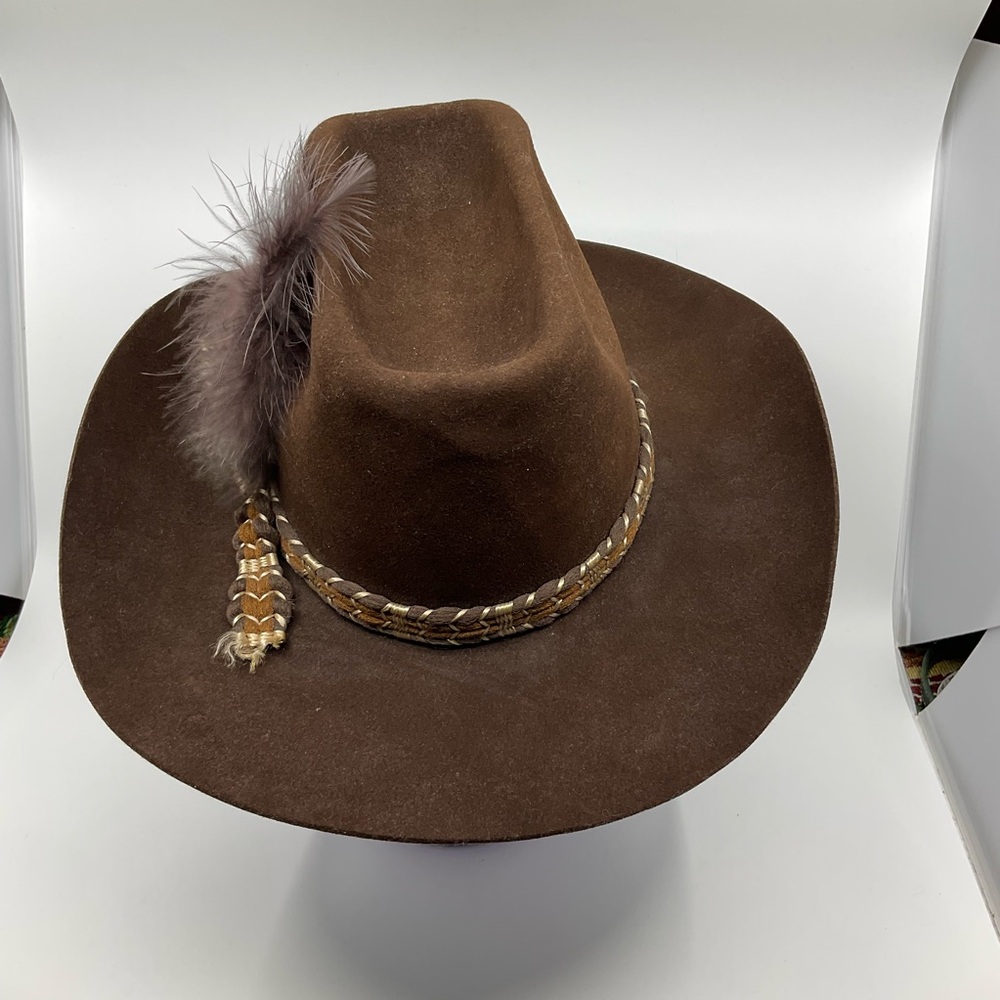 Vintage Lanning Dynafelt Cowboy Hat Feathered Band Made in Canada Western Brown - Picture 3 of 7